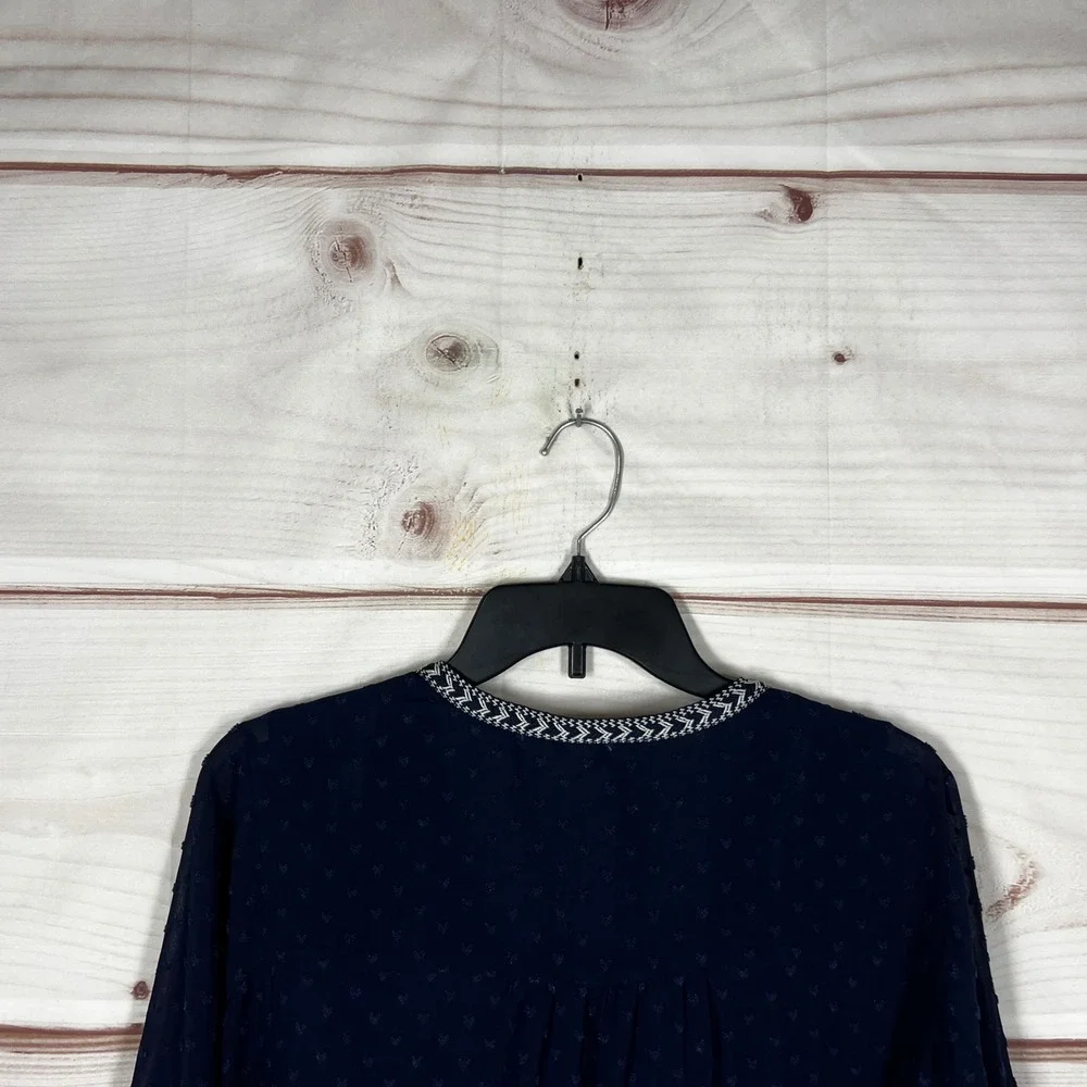 DR2 Chiffon Blouse Womens‎ Large Navy Blue Swiss Dot Embroidered V-Neck Tassel